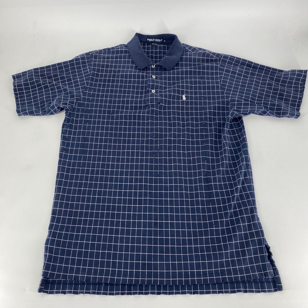 Polo Golf Ralph Lauren Men's Navy White Grid Plaid Polo Shirt XL Made in‎ Canada